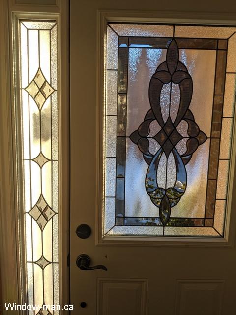 Exterior Front door installation. Single front entry steel insulated white half glass and sidelight full glass. Yorkshire Classic stained glass collection. Inside view of pic 3009